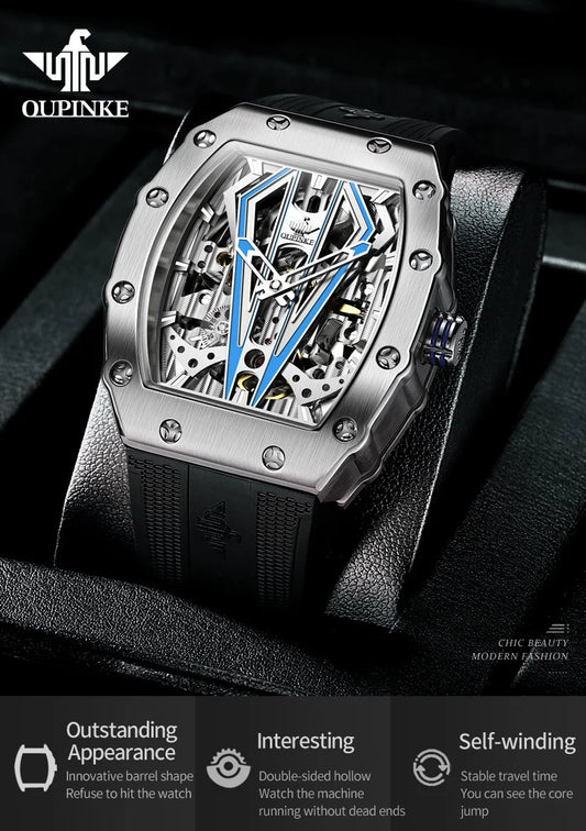 OUPINKE Mens Watches Luxury Brand Automatic Mechanical Wristwatch Fashion Skeleton Silicone Strap Sports Waterproof Watch Men