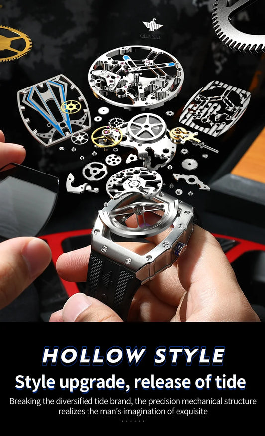 OUPINKE Mens Watches Luxury Brand Automatic Mechanical Wristwatch Fashion Skeleton Silicone Strap Sports Waterproof Watch Men