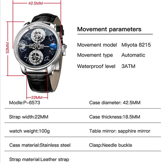 PINDU Watches New Mechanical Celestial Body Starry Twelve Constellations Sapphire Waterproof Men Leather Wristwatches 8215A Box