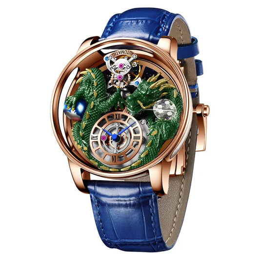 PINDU Design New 3D Dragon Earth Theme Quartz Watches Men Celestial Series Curved Mirror Transparent Design Watch Wristwatches