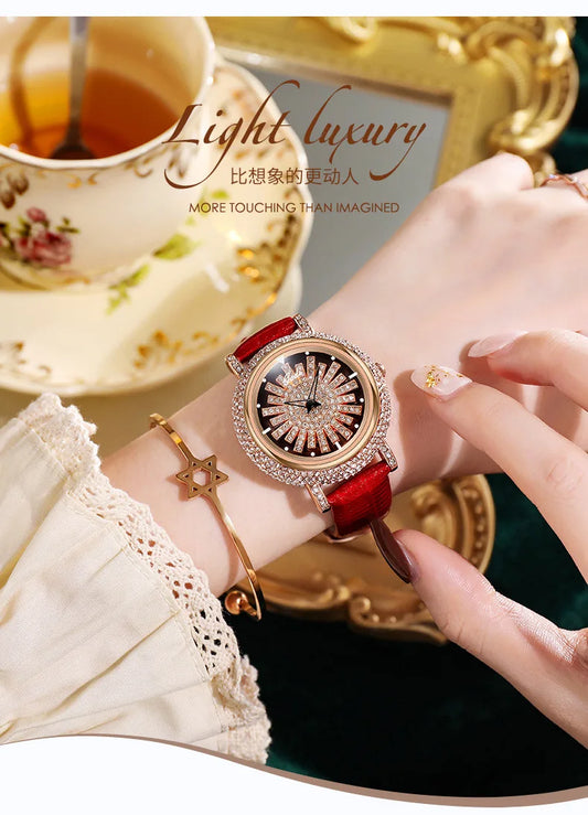 UTHAI Watch For Women Light Luxury Diamond Set 360 ° Running Clock Waterproof Genuine Leather Female's Fashion Quartz Watches