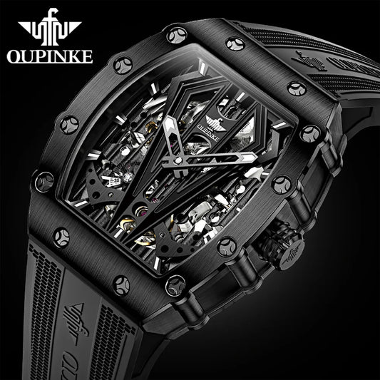 OUPINKE Mens Watches Luxury Brand Automatic Mechanical Wristwatch Fashion Skeleton Silicone Strap Sports Waterproof Watch Men