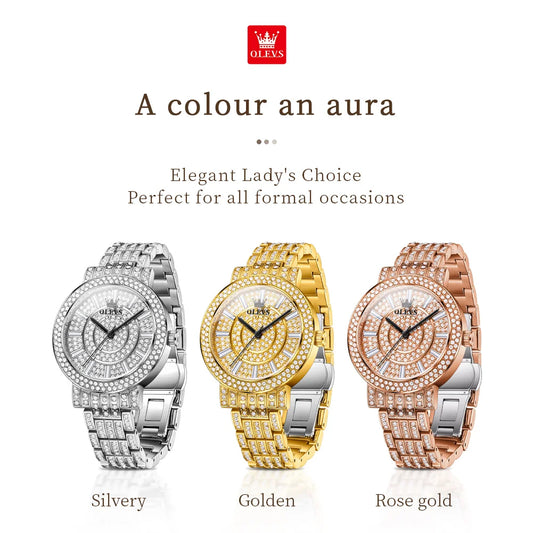 OLEVS Top Original Brand Women's Watches Elegant Luxury Full Diamond Quartz Watch for Lady's Waterproof Silver Female Wristwatch
