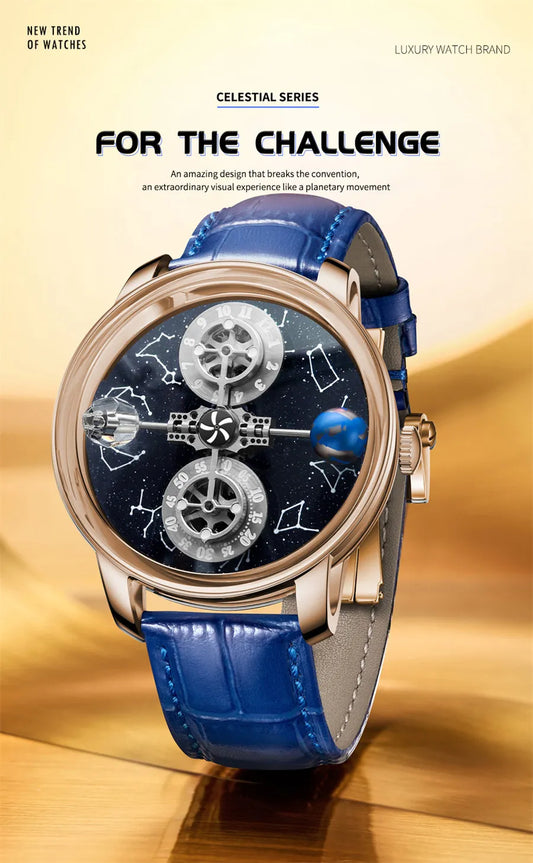 PINDU Watches New Mechanical Celestial Body Starry Twelve Constellations Sapphire Waterproof Men Leather Wristwatches 8215A Box