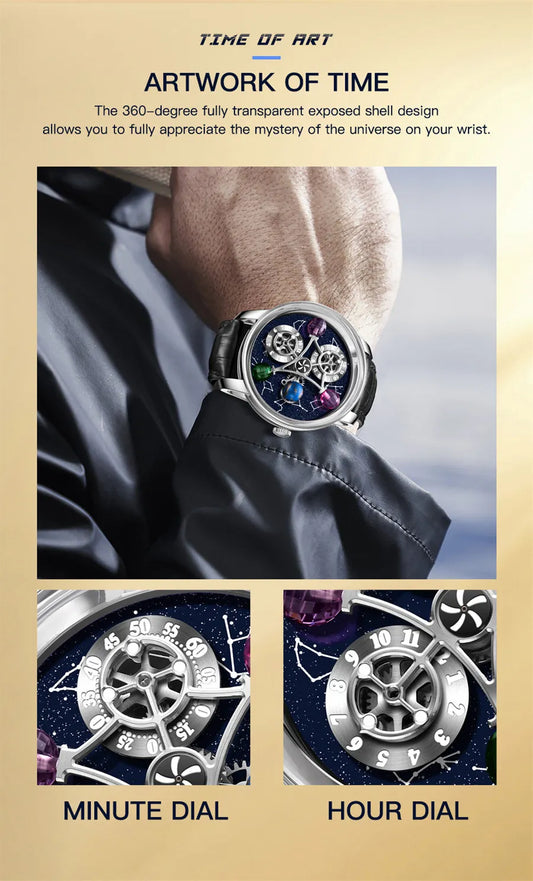 PINDU Watches New Mechanical Celestial Body Starry Twelve Constellations Sapphire Waterproof Men Leather Wristwatches 8215A Box