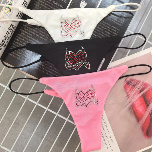 Sparkling Diamond Sexy G-string Spicy Girl  Thin Cotton Underwear For Women Low Waist Cute Cat Cartoon Briefs Thongs Lingerie