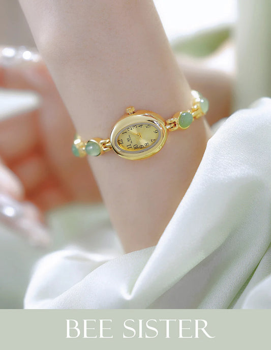2025 Women quartz Watch Luxury Brand Retro Natural Dongling Stone Hotan Jade Waterproof Ladies Advanced Chain Wristwatches gift