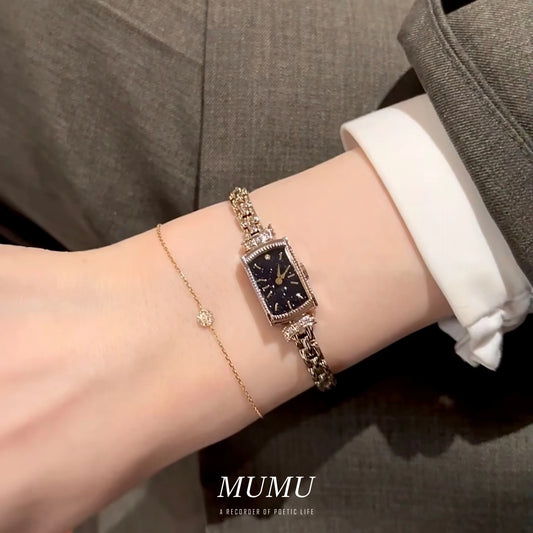 Japanese style galaxy purple gold stone watch rectangular small gold watch niche light luxury quartz women's watch new bracelet
