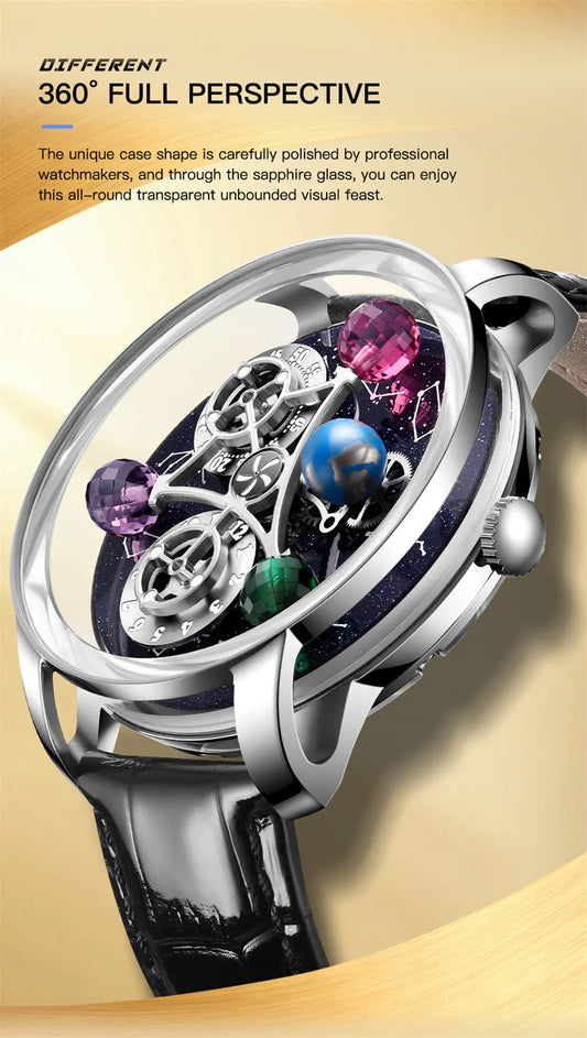 PINDU Watches New Mechanical Celestial Body Starry Twelve Constellations Sapphire Waterproof Men  Leather Wristwatches 8215A Box
