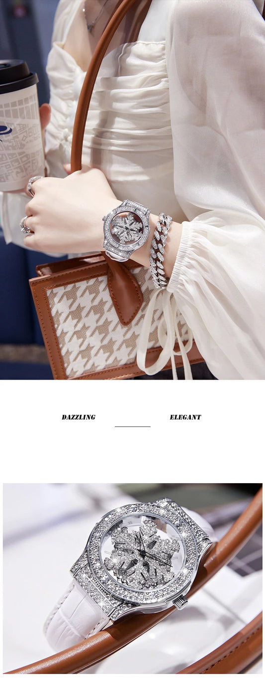 UTHAI L58 Watch For Women Light Luxury Leather Strap 360 Degrees Rotary Snowflake Hollow Diamond Ladies Watches Waterproof Clock