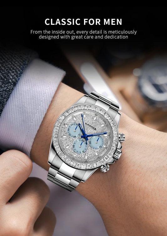 2024 HAEMMER New Men's Watch Luxury Automatic Watch Men's Stainless Steel Multi functional Mechanical Watch Diamond Waterproof