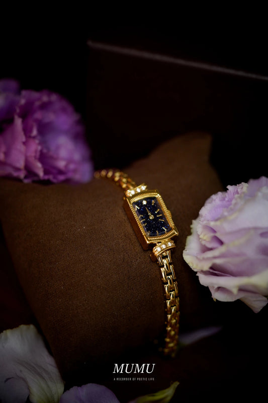Japanese style galaxy purple gold stone watch rectangular small gold watch niche light luxury quartz women's watch new bracelet