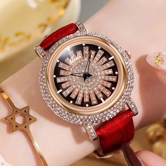 UTHAI Watch For Women Light Luxury Diamond Set 360 ° Running Clock Waterproof Genuine Leather Female's Fashion Quartz Watches