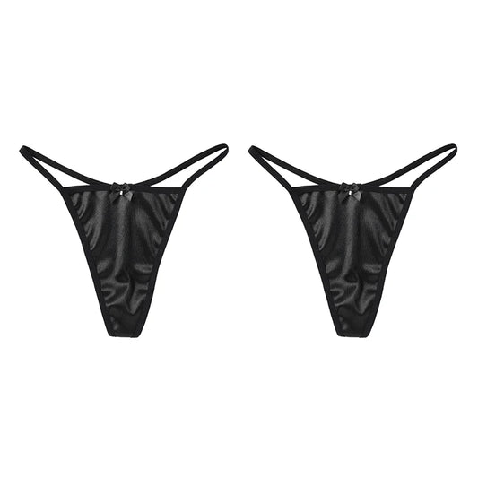 2PCS Women's Thong Satin Sexy Seamless Underwear Female Bow Low Waist One Thread G-string Pure Cotton Crotch T-back