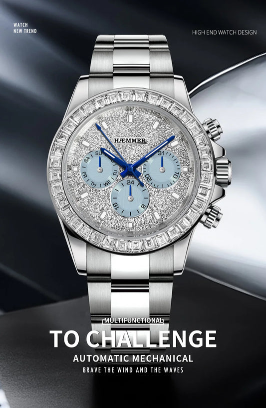 2024 HAEMMER New Men's Watch Luxury Automatic Watch Men's Stainless Steel Multi functional Mechanical Watch Diamond Waterproof