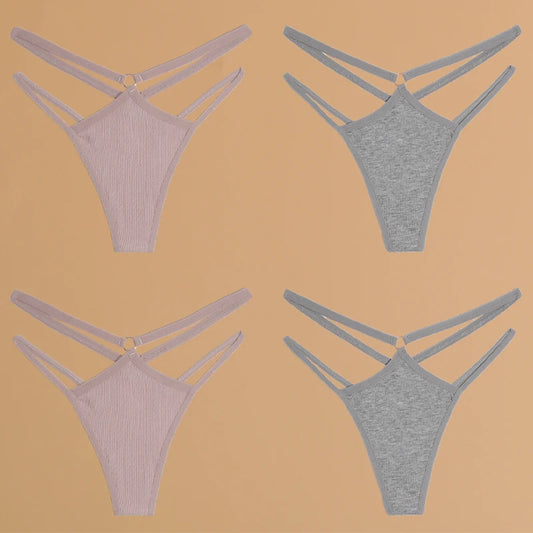 FINETOO 4Pcs Cotton Double Thin Belts Underwear for Women Sexy Low Waist Striped Thongs Ladies Soild Panties Breathable Lingerie