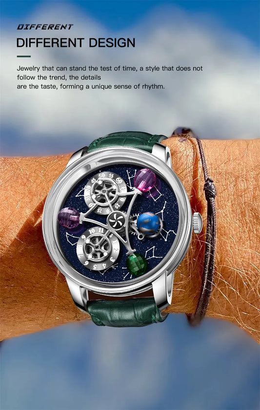 PINDU Watches New Mechanical Celestial Body Starry Twelve Constellations Sapphire Waterproof Men  Leather Wristwatches 8215A Box