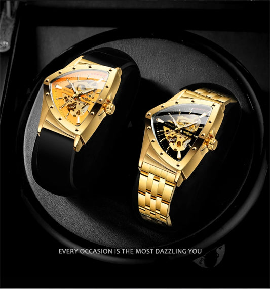 Winner 395S New Male Wrist Mechanical Watches Golden Stainless Steel Waterproof Sport Mens Triangle Skeleton Watch Transparent