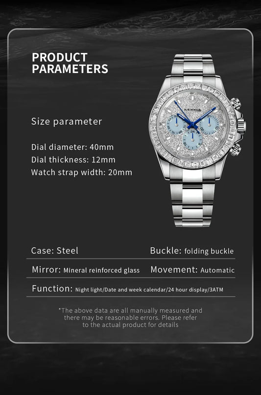 2024 HAEMMER New Men's Watch Luxury Automatic Watch Men's Stainless Steel Multi functional Mechanical Watch Diamond Waterproof