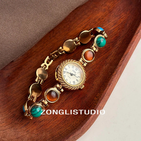 2025 new retro watch niche light luxury bracelet style women's watch temperament cool small dial inlaid with gemstones