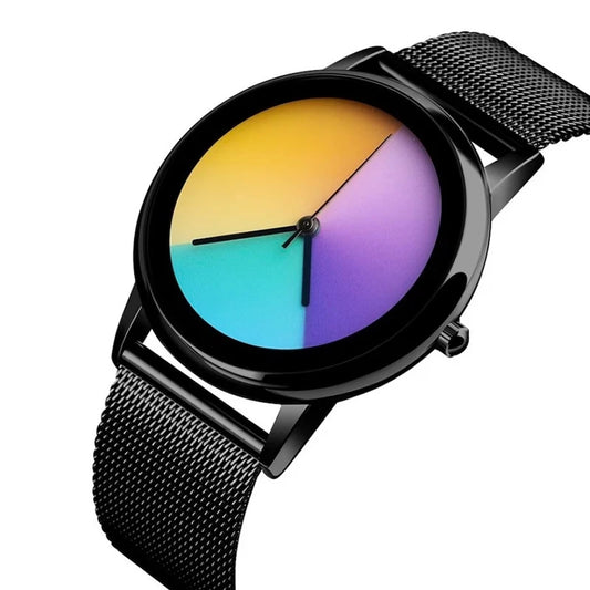 New Unique Women Watch Fashion Casual Colorful Changing Dial Quartz Wriswatch Simple Ultrathin Steel Lady Watches Special Gift