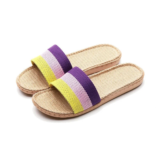 Striped Linen Slippers Women's Men's Grass Weaving Flip Flops Sweat Absorption Sandals Home EVA Light Slides Silent Floor Shoes