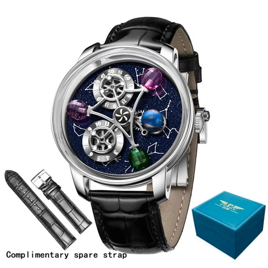 PINDU Watches New Mechanical Celestial Body Starry Twelve Constellations Sapphire Waterproof Men  Leather Wristwatches 8215A Box