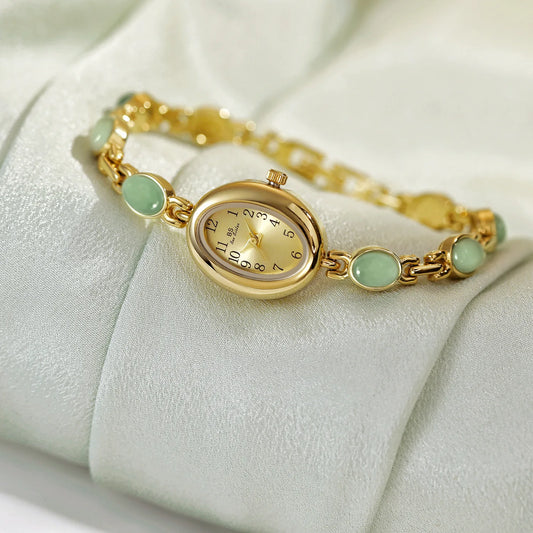 2025 Women quartz Watch Luxury Brand Retro Natural Dongling Stone Hotan Jade Waterproof Ladies Advanced Chain Wristwatches gift