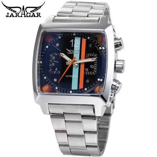 JARAGAR 569 Men's Mechanical Watch Fashion Design Square Dial Date Week Waterproof Steel Strap Leisure Wristwatch