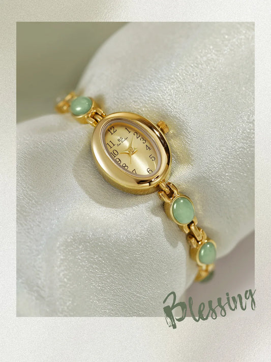 2025 Women quartz Watch Luxury Brand Retro Natural Dongling Stone Hotan Jade Waterproof Ladies Advanced Chain Wristwatches gift